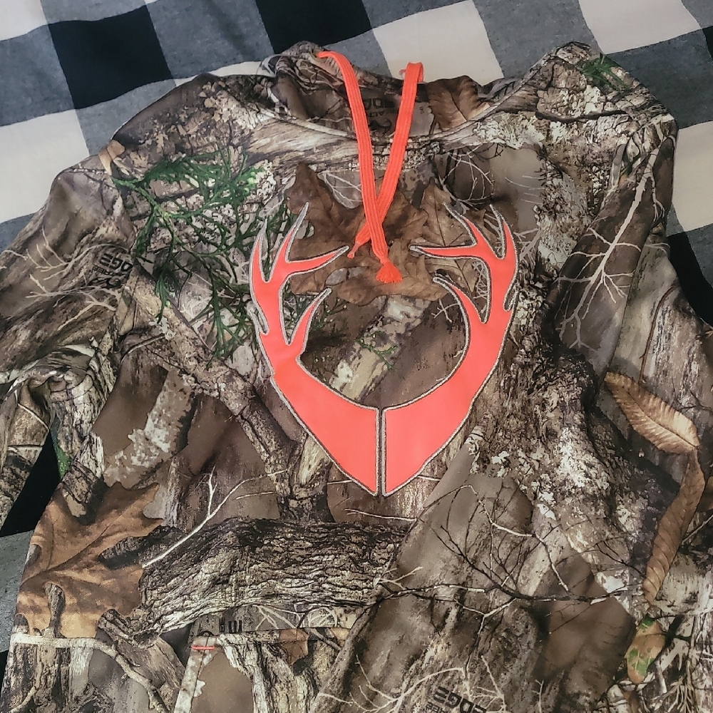 Camo Hoodie with Orange Antler Design